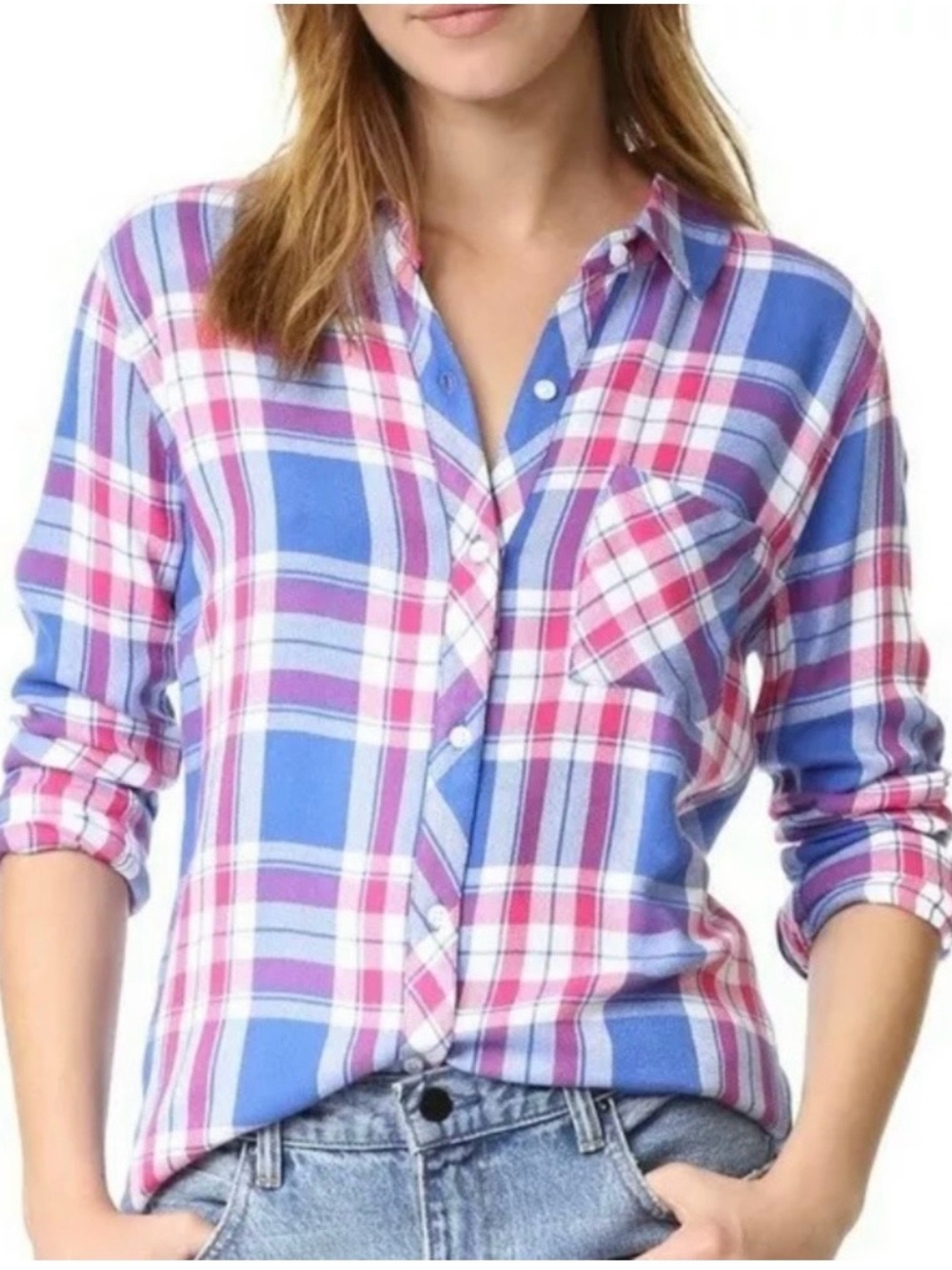 Rails 100% Rayon Hunter Shirt Women’s Medium Blue Pink Plaid Button Up Soft Top
